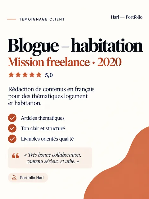 Carte mission Blogue habitation : rédaction de contenus sur le logement et l’habitation, note 5,0