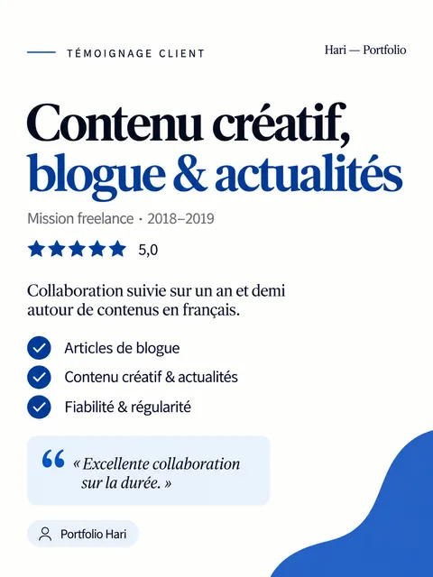 Carte mission Contenu créatif, blogue et actualités : mission 2018–2019, note 5,0